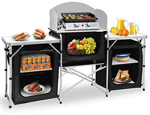 Seeutek Mesa de Cocina para Camping, Tela Oxford de Acero Inoxidable 600D, Negro, 68.5 Pulgadas de Largo x 16.5 Pulgadas de Ancho x 43.5 Pulgadas de Alto