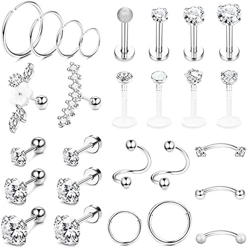 LOLIAS 27Pcs 16G Knorpelohrstecker Ohrstecker für Frauen Männer Edelstahl CZ Labret Helix Piercing Tragus Ohrstecker Forward Conch Piercing Schmuck Set