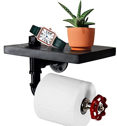 Porte-papier toilette Étagère murale décorative - Style industriel - Tuyau en acier - Avec étagère en bois pour décoration de salle de bain