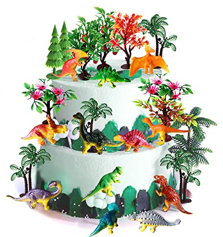 Trees Cake Decorations, 27pcs, Dinosaur Cake Toppers, Mini Dinosaurs, Plastic Trees, Artificial Trees With Dinosaur for DIY Crafts, Birthday Party Decorations