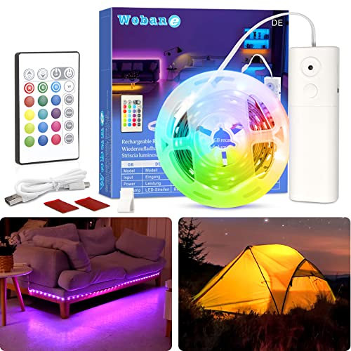 WOBANE RGB LED Strip Wiederaufladbar,2m Farbwechsel LED Band Batteriebetrieben,LED Streifen Dimmbar mit Fernbedienung,für Urlaubs Party,Schlafzimmer,Sofa,Schrank,TV,Küche,DIY Innendekoration,2000mAh