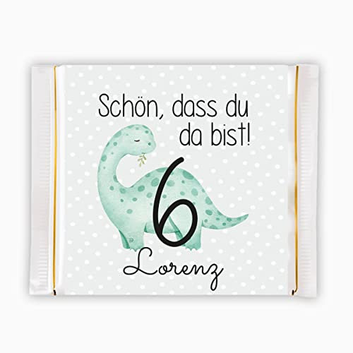 Schokoladen-Banderole mit Name für die Taufe, Kindergeburtstag, Hochzeit, Deko, Gast-Geschenk, mit Dino, mit Dinosaurier Tischkarte, personalisiert