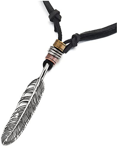 COOLSTEELANDBEYOND Retro-Stil Feder Anhänger Herren Damen Halskette mit Verstellbaren Schwarz Lederband