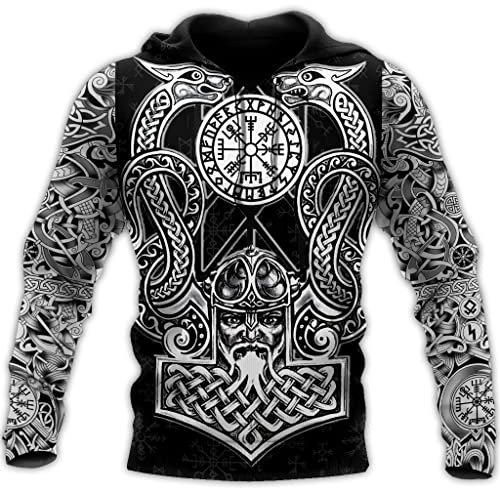JHBTFQ Wikinger Krieger Tattoo Hoodie für Herren, Vintage Sweatshirt Übergroße Jacke nordischem Mythologie Totenkopf Print Pullover,Thor Hammer Hoodie,5XL