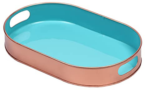MARRAKESCH Boho Deko Tablett Serviertablett Oval aus Metall 32cm groß mit Henkel Aarhus Blau Skandinavische Asthetic Deko für Wohnzimmer