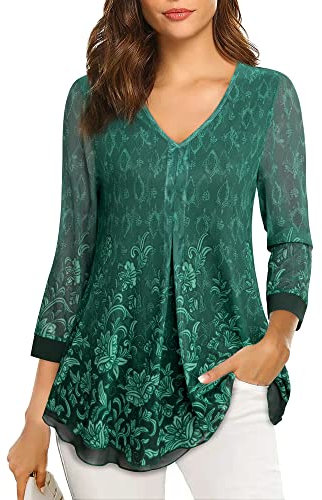Gaharu Damen Tunika 3/4 Ärmel Elegantes Blusenshirt mit Blumenmuster in Grün, Schick V-Ausschnitt, XL