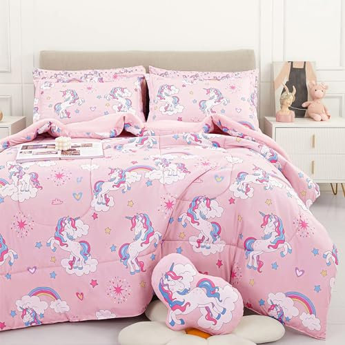 Mooreeke Kinder-Bettwäsche-Set für Mädchen, 6-teilig, rosa Einhorn-Bettwäsche-Set für Teenager, weiche Mikrofaser, Kinderbett in einer Tasche mit Bettdecke, Bettlaken-Set, Kissenbezügen und