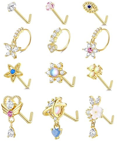 JeryWe Baumelnder Nasenring, L-förmiger Nasenstecker, Edelstahl, Nasenring für Frauen, böser Blick, baumelndes Nasenpiercing, Schmuck, 20 g, Edelstahl