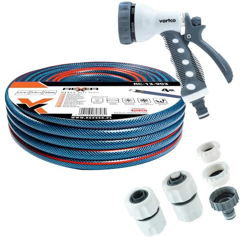 REXXER Gartenschlauch 3/4 Zoll | 4-lagiger Wasserschlauch | flexibel und UV beständig | Set für Gartenarbeit, Bewässerung und Reinigung | 20m mit Schlauchverbinder & Metall Spritzpistole