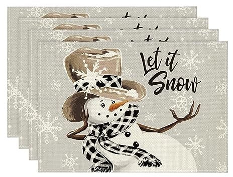 Artoid Mode Schneemann Schneeflocke Lass Es Schneien Weihnachten Platzsets 4er Set, 30x45cm Urlaub Tischsets Waschbar Platzdeckchen Küche Party Deko