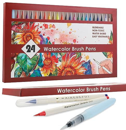 MAIKEDEPOT Watercolor Brush Pens, Artists Markers Assorted Colors Pens, Water Brush Pens Watercolor Painting Markers with Online Video Tutorial for Kids Adult Coloring and Drawing (24colors)