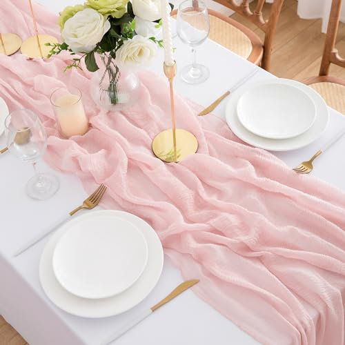 DROMCOM 2 Stück Tischläufer Rosa Seihtuch Tischläufer, 300 x 80cm Musselin Tischläufer Modern Tischdeko, Boho Gaze Stoff, Rustikal Tischläufer Käsetuch Cheesecloth für Hochzeit, Geburtstag, Taufe