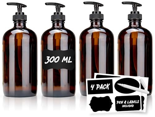 volila Bouteille Shampoing Vide - 300 ML (Pack de 4) Ambre Distributeur Shampoing et Gel Douche - Flacon Pompe Vide pour Lotion, Après-Shampoing, Shampoing - Esthétique Distributeur Savon Plastique