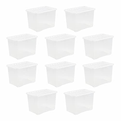 M1SS (Set of 10-80L Litre Clear Plastic Storage Box With Crystal Lids Home Office Stackable Nestable Container Made in U.K (80L Litre)
