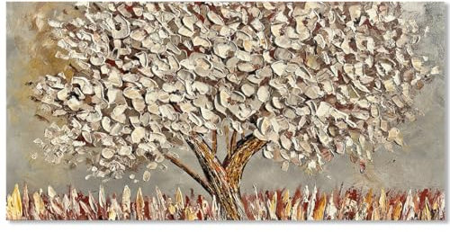 Fokenzary Handgemaltes abstraktes modernes Leinwandbild mit großem Baum, dick, 3D-Effekt, Messer, Leinwandbild, gerahmt, fertig zum Aufhängen (Silber-M)