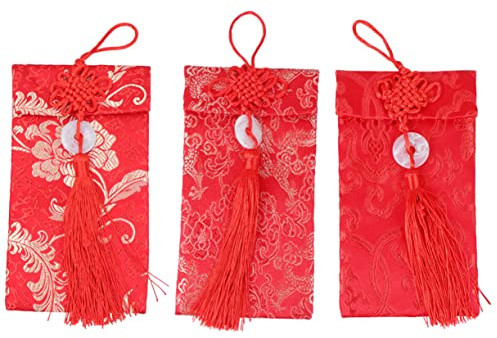 Amosfun 3st Taschen Aus Seidenstoff Rote Umschläge Glücksroter Brokatbeutel Chinesisches Hongbao Rote Geldtaschen Chinesische Feng-shui-geldtasche Hong Bao Geschenkkarte Chinesischer Stil