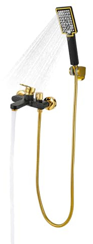 Rubinetto per vasca da bagno con doccetta monocomando, 1,5 m, tubo doccia nero e oro