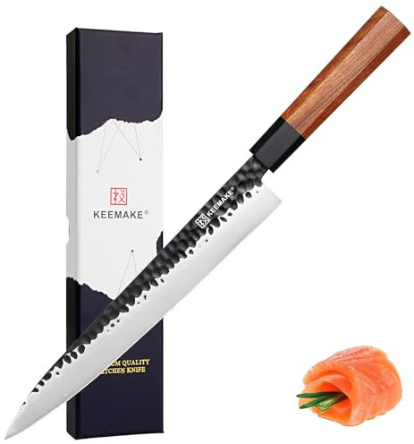 KEEMAKE Coltello Sashimi Giapponese Professionale - Coltelli da Cucina in Acciaio Inossidabile, Yanagiba Pesce 25 cm Lama Martellata, Manico in Legno