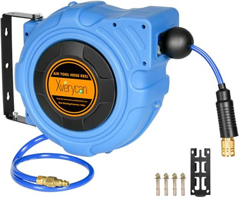 Xverycan Air Hose Reel Retractable 50FT + 3.3FT, Auto-Rewind Enclosed Heavy Duty 180° Swivel Ceiling/Wall Mount, Professional Air Compressor Hose Reel with Universal Coupler, Max 300PSI