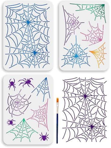 MAYJOYDIY 3 Stück A4 Spinnen Malschablone Spinnennetz Vorlage mit Pinsel 29.7x21cm Halloween Thema Kunststoff Schablone Gruselige Insekten Wiederverwendbare Vorlage Zum Malen Auf Holz Heimdekoration