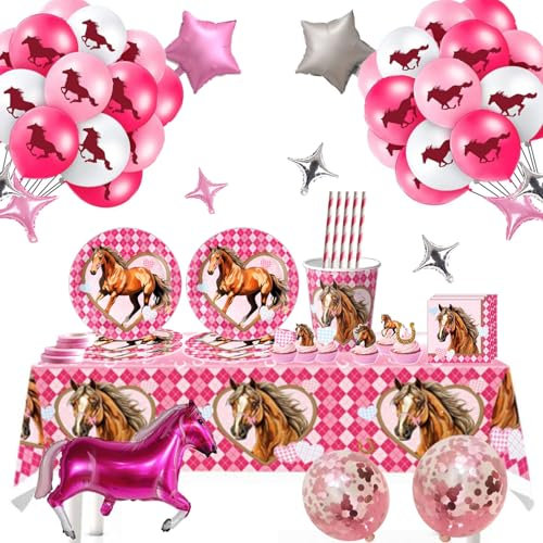 Tchsrim 124 Stück Pferde Geburtstag Partygeschirr Set,Pferde Geburtstagsdeko,Pferd Pappgeschirr Pappteller Becher Tischdecke,Pferde Deko Kindergeburtstag,Pferd Party Zubehör für 15 Gäste