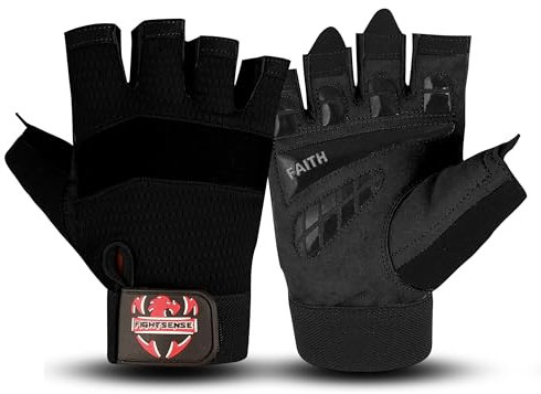 FIGHTSENSE Fitness-Handschuhe für Männer und Frauen, Gewichtheber-Handschuhe, verbesserter Grip, gepolsterte Handfläche, verstellbare Handgelenksriemen, atmungsaktive Fitnessübungen (Schwarz, L)