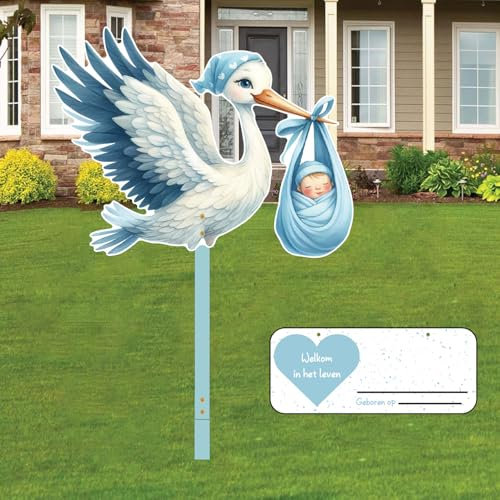 Storch Geburt Für Draussen Blau,Klapperstorch zur Geburt,Klapperstorch Set zur Geburt Baby,Beidseitig Bedruckt,83 CM Geburtsstorch inkl,Holzstab