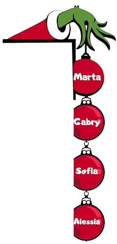 Ghirlanda per Porta - Decorazione Natalizia da Appendere - Ghirlanda in Legno ca. Ø 30 cm. Fuori Porta Natalizio Grinch con 4 Palline Personalizzabili – Pronta per Essere Appesa. Idea regalo famiglia