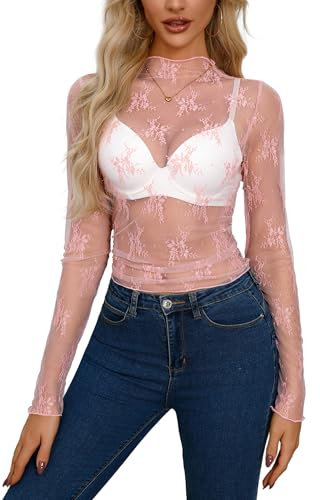 Haut sexy en maille transparente pour femme, Rose, XXL