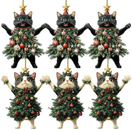 Black of Friday Cat Christmas Ornament, Xmas Tree Decorations Acrylic Hanging Ornaments, Cute Black White Cats Hanging Ornaments, Wearing Christmas Trees Dress Cat Ornament (Mix*6pcs)