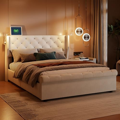 TEOSTWF Cord-Doppelbett, 140 x 190 cm, Gasdruckfeder, mit Stauraum, gepolstertes Doppelbett mit Nachttisch, Leselampe, Ottomane, ohne Matratze, Beige