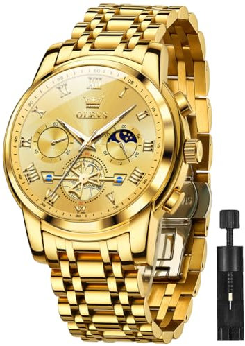 OLEVS Men Watch Chronograph Gold Face Stainless Steel Quartz Business Dress Luminous Waterproof Multi-Function Men Wrist Watch