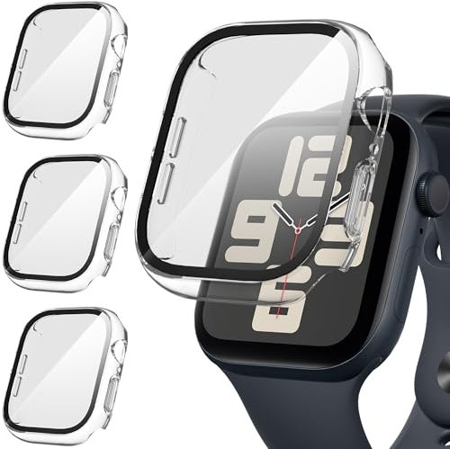 Suoman 3 Pezzi Custodia per Apple Watch Series 6/5/4/SE 44mm Vetro Temperato Pellicola Protettiva,PC Rigido Case Protettiva Ultrasottil Cover,Trasparente&Trasparente&Trasparente,44mm