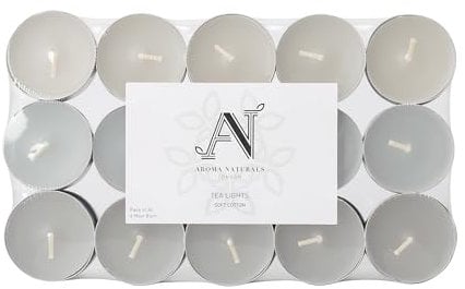 Aroma Naturals London Scented Tealight Candles Bag | 4 Hour Burn Time | Standard Size D3.77 x H1.45cm | Three Tone Coloured Wax & Aluminium Cups | Pack of 30 Tea Lights Scent (Soft Cotton)