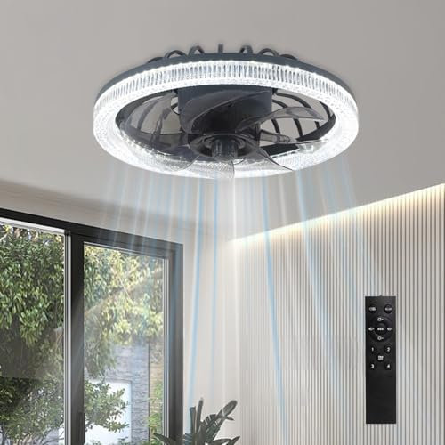 KRIPINC Silenzioso Ventilatore da Soffitto con Luce e Telecomando, Plafoniera LED Soffitto con Ventilatore Dimmerabile E27 con 4 Velocità del Vento e 3 Colori di Illuminazione, per Camera da Letto