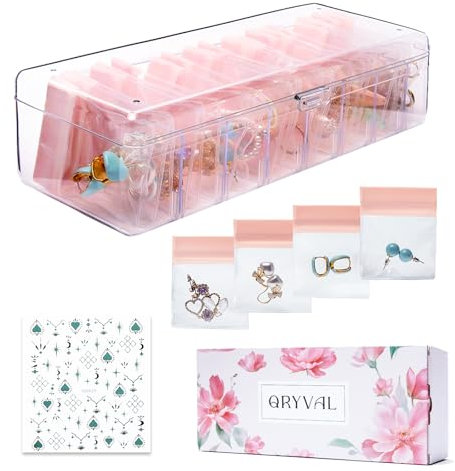 Qryval Jewelry Organizer and Storage Box with 24 EVA Anti Tarnish Bags, Travel Acrylic Case for Earrings, Necklaces & Rings, Elegant Gift for Women & Girls (Clear)