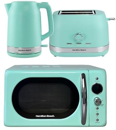 Hamilton Beach Kettle, Toaster & Microwave Set, Ella, 1.7L Electric Kettle, Wide Slot Toaster 2 Slice, Microwave, 20L Retro, Kettle & Toaster Set, Mint - ELLAMB