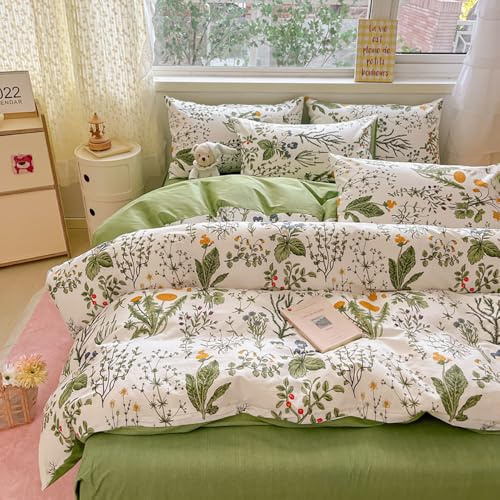 Covebett Bettwäsche Baumwolle 135x200 Grün Weiß Blumen Blätter Vintage | Bettwäsche-Sets, Blümchen, Floral, Botanisch, Pflanzen, Bettbezug Set 2teilig, 1 Kissenbezug 80x80, ÖKO-TEX, Reißverschluss