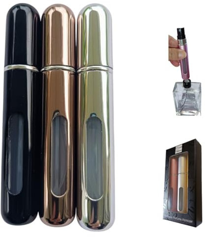LELE MAKE ®️ 3 PCS. 8 ML. Atomizador Perfumes Recargable | Set de 3 Botes Colonia Recargables para Viaje | Porta Perfume Sin Fugas con Ventana | Con caja PARA REGALO. (negro, plata, cobre)