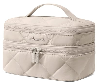 LOVEVOOK Kulturtasche Damen, Kosmetiktasche Groß Puffer Doppellagiger Kulturbeutel, Leicht Reise Make up Tasche mit Tragegriff, wasserdichte Schminktasche Waschtasche Kosmetikkoffer für Reisen, Khaki
