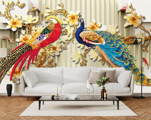 Fototapete 3D Effekt Moderner Luxuriöser Pfau 400x280cm，3D-Goldtier Vlies tapeten für Schlafzimmer
