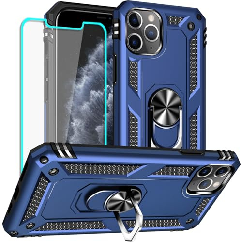 Yiakeng for iPhone 11 Pro Max Case with Screen Protector: Military Grade Protective Cases with Ring Holder Kickstand for - iPhone 11 Pro Max (Blue)