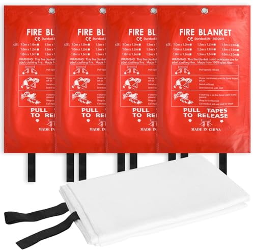 YYTECH 4 Stück Löschdecke Küche Feuerlöschdecke, 100x100 cm Fiberglas-Feuerdecken, Brandschutzdecke, Feuerlöschdecke für Zuhause, für Fettbrände Wohnwagen Camping Grill Auto Schule Kamin Büro