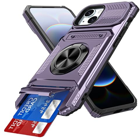 IMEIKONST Card Holder for iPhone 15 Case with Stand, Purple TCKB | Military Grade Drop Protection, Magnetic Ring Kickstand, Anti-Slip Shockproof Cover, Heavy Duty Rugged PC Back