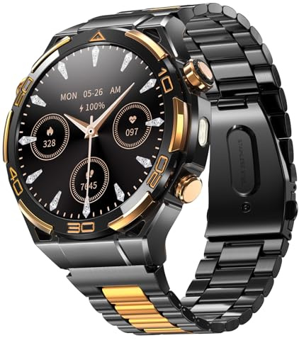 Blackview Smartwatch Herren, 14K-Gold-Einlage/GPS/Kompass/Bluetooth-Anrufe/AI/ChatGPT, Sportuhr, 100+ Sportmodi, Puls-Schlaf-Schritte-Kalorien-Kilometer, Fitnessuhr für Android iOS, Flagship Edition