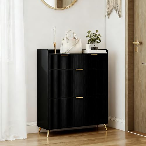 KEFSR Moderner Schuhschrank, weißer Schuhschrank, 4 Schubladen, Holzkommode mit goldenen Griffen, Schublade mit Hochglanz, für Schlafzimmer, Wohnzimmer, klein geriffelt (4 Schubladen (1), Schwarz