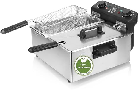 EMERIO 2x 3.0L Öl-Fritteuse mit Kaltzonen Technologie | Doppelkammer | Thermostat | kein bitterer Geschmack mehr | 3300 W | Tank aus Edelstahl | PFAS frei | einfache Reinigung | Thermostat | DF-120485