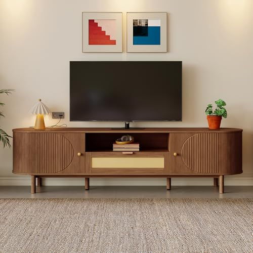 Merax TV-Schrank TV-Ständer Lowboard 150 cm mit Rattan-Schubladen, offenen Fächern, Lowboard Holzoptik, Sideboard Wohnzimmer, Metallbeine, 175 L x 36 B x 51H(cm)- Nussbaum