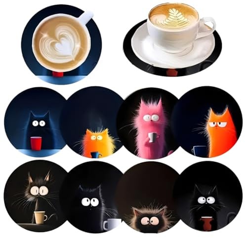 Lot de 8 Dessous de Verre Ronds en Bois Motif Chat de 10cm pour Tasses, Bougies Cadeau de Pendaison de Crémaillère pour Anniversaire Cuisine Salon