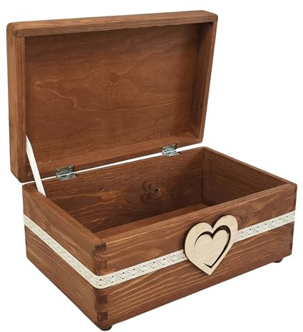 GoodFreshDecor Holzkiste Geschenkbox Hochzeit - braune Holzbox mit Deckel 30 x 20 x 14 cm - Aufbewahrungsbox für Dankeschön, Geschenke und Erinnerungen - Braun mit Schleife und Holzherz